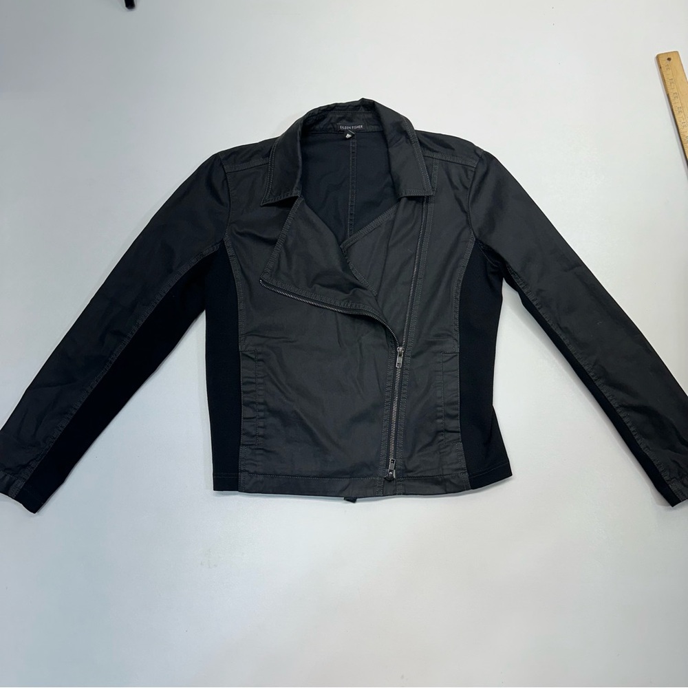 Eileen Fisher Waxed Moto Jacket Women’s Size Small Black Two Tone